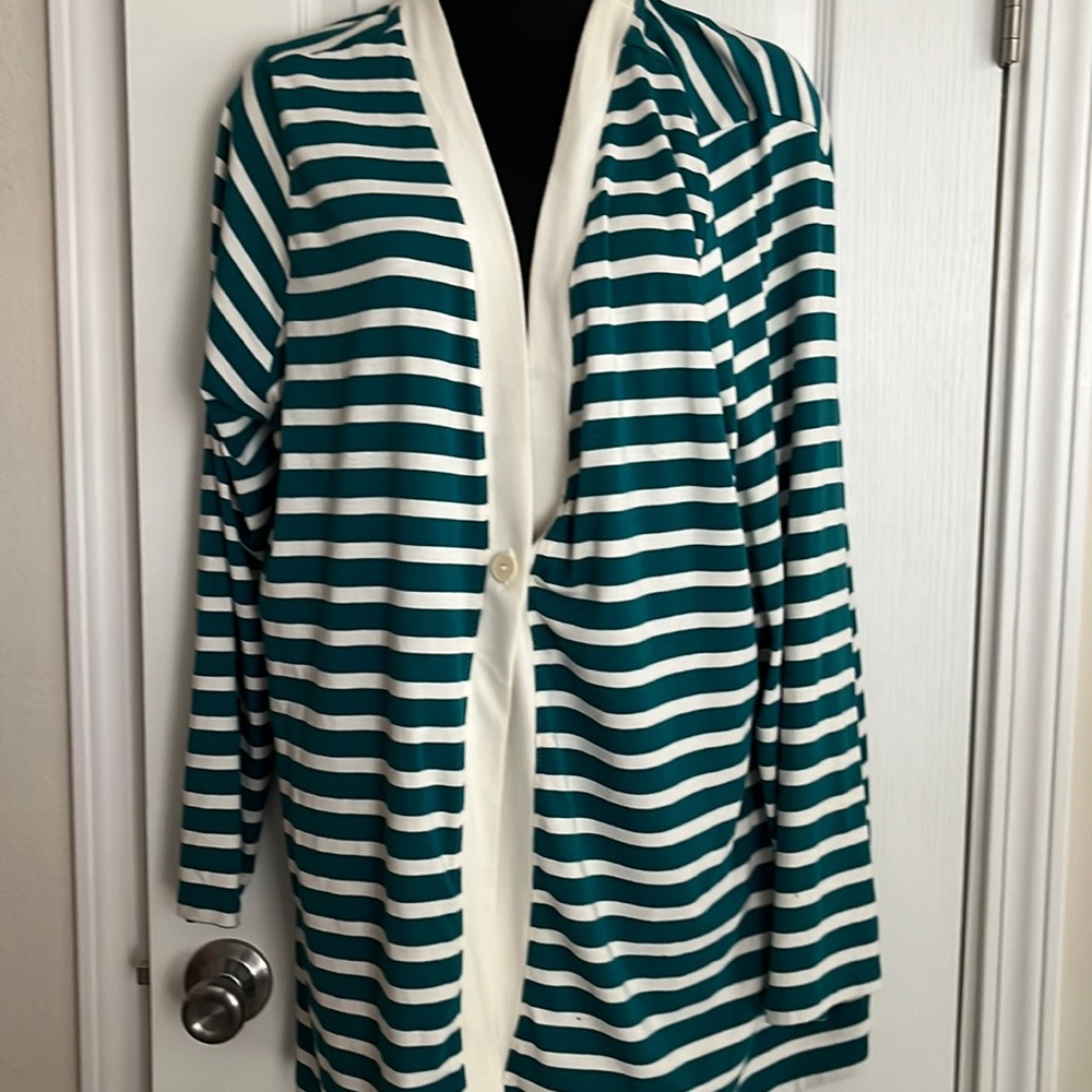Green and White striped jersey cardigan.  Coldwater Creek.
